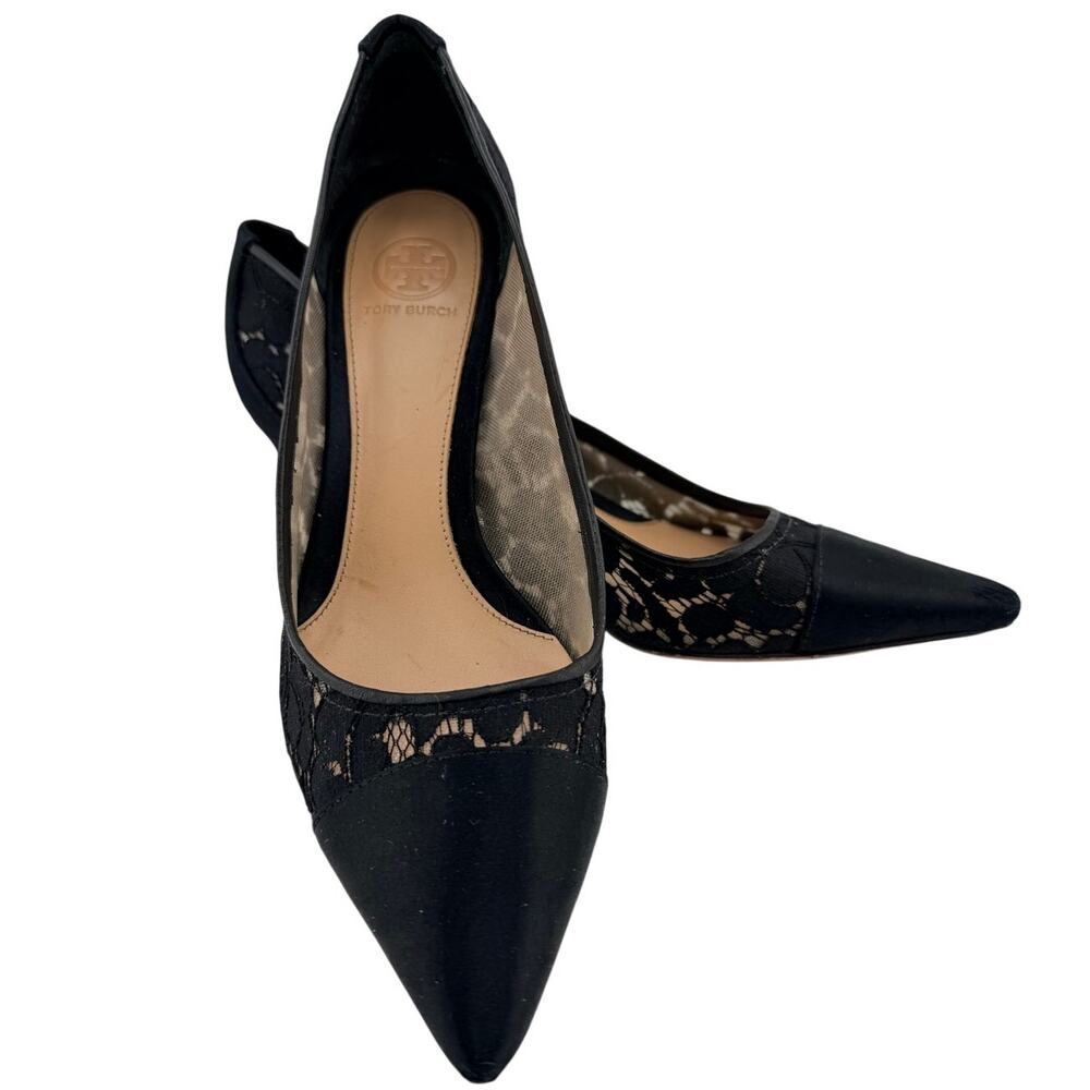 Tory Burch Glenna Foral Lace Satin Panels Pointed Toe Pumps Formal Size 8M